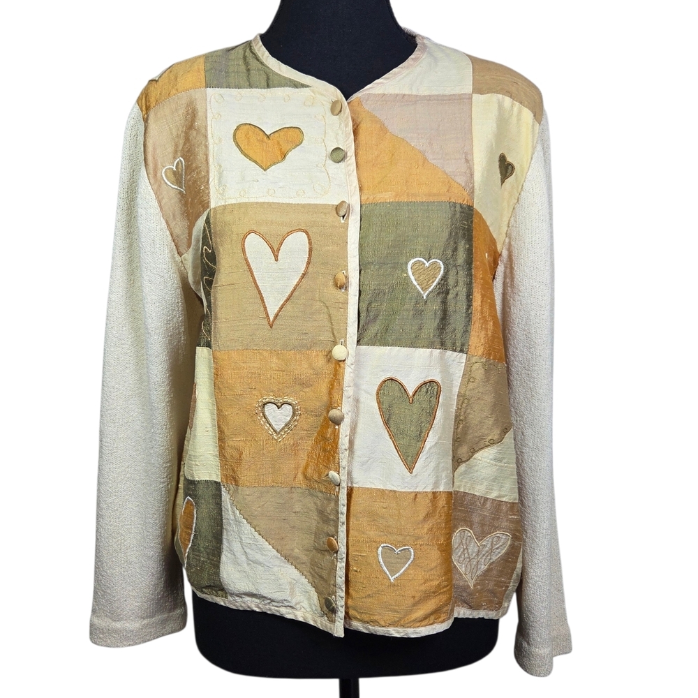 Susan Bristol Multicolor Patchwork Silk Front Cardigan Size L